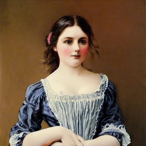 VICTORIAN GIRL,FEMININE,((PERFECT FACE)),((SEXY FACE)),((DETAILED PUPILS)).(ARTIST),ARTIST,ARTIST,(ARTIST). OIL PAINTING. (((LARGE BREAST)),((TONED ABS)),(THICK THIGH).EVOCATIVE POSE, SMIRK,LOOK AT VIEWER, ((BLOUSE)).(INTRICATE),(HIGH DETAIL),SHARP