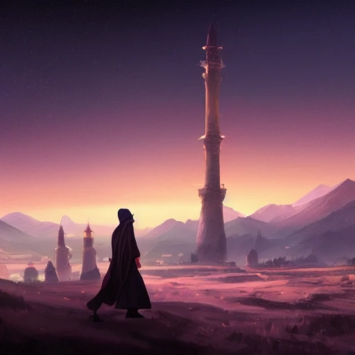 concept art painting of Khorasan landscape at night, with glowing minarets, dark purple sky, realistic, detailed, cel shaded, in the style of makoto shinkai and greg rutkowski and albert bierstadt and james gurney , 3D