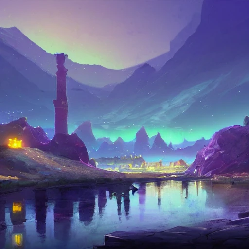 concept art painting of Khorasan landscape at night, with glowing minarets, dark purple sky, realistic, detailed, cel shaded, in the style of makoto shinkai and greg rutkowski and albert bierstadt and james gurney , 3D