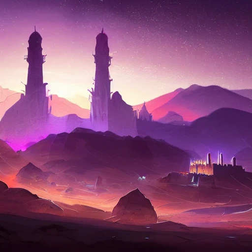 concept art painting of Khorasan landscape at night, with glowing minarets, dark purple sky, realistic, detailed, cel shaded, in the style of makoto shinkai and greg rutkowski and albert bierstadt and james gurney , 3D