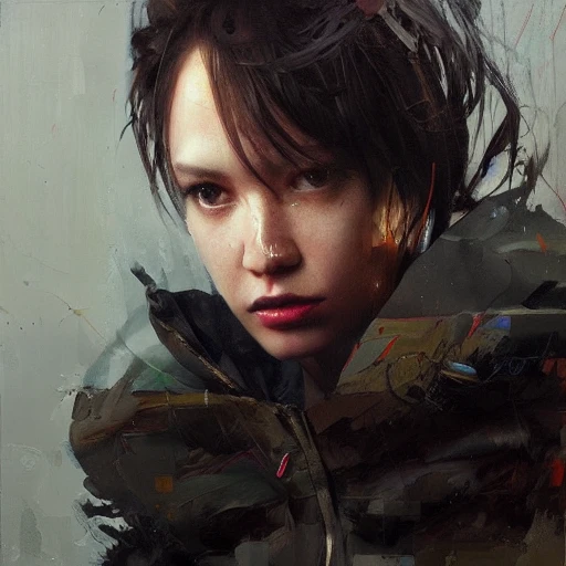 musclepunk wearing an oversized jacket, night time, highly detailed face, oil painting, by ruan jia