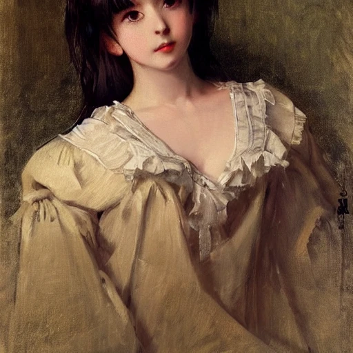 VICTORIAN anime GIRL,FEMININE,((PERFECT FACE)),((SEXY FACE)),((DETAILED PUPILS)). OIL PAINTING. (((LARGE BREAST)),((TONED ABS)),(THICK THIGH).EVOCATIVE POSE, SMIRK,LOOK AT VIEWER, ((BLOUSE)).(INTRICATE),(HIGH DETAIL),SHARP,  Anders Zorn. [[ilya Kuvshinov]]. [[jean-baptiste Monge]]. Sophie Anderson. Gil Elvgren. Oil Painting. ((((low cut cleavage)))). Smirk. ((flat stomach)). (Intricate). (High Detail). focus. Canon EOS R3, ISO 200, symmetrical