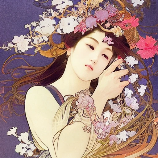 gorgeous japanese girl, art by alphonse mucha and greg rutkowski, fully digitally painted with inked lines, long flowing swirling hair, flowers, painted with colour on white, Award winning photo, beautiful kawaii lighting, flirting, seductive 