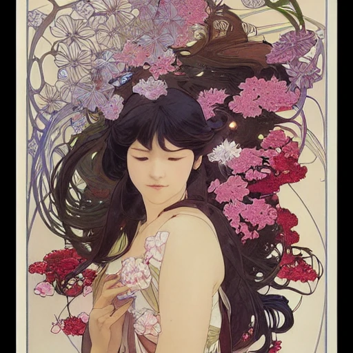 gorgeous japanese girl, art by alphonse mucha and greg rutkowski, fully digitally painted with inked lines, long flowing swirling hair, flowers, painted with colour on white, Award winning photo, beautiful kawaii lighting, flirting, seductive 