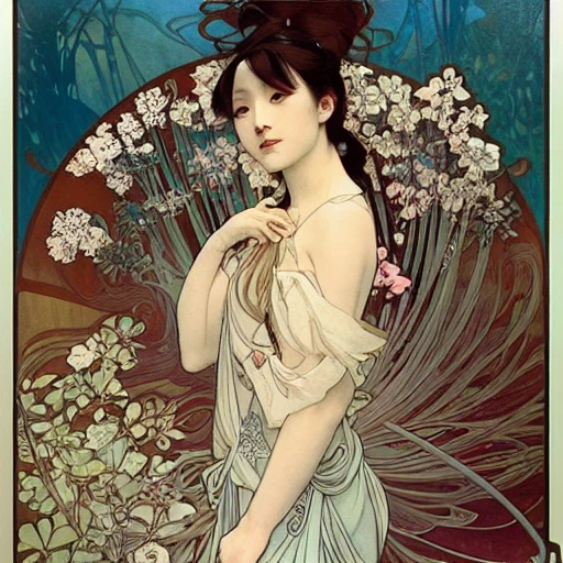 gorgeous japanese girl, art by alphonse mucha and greg rutkowski, fully digitally painted with inked lines, bare, long flowing swirling hair, flowers, painted with colour on white, Award winning photo, beautiful kawaii lighting, flirting, seductive, sultry 