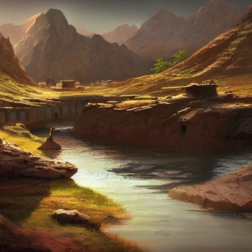 concept art painting of Khorasan landscape, river, paths, fortitude, persia, realistic, cel shaded, in the style of makoto shinkai and greg rutkowski and albert bierstadt and james gurney , 3D