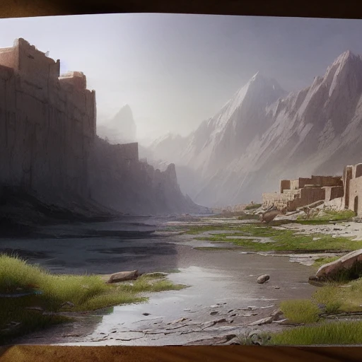 concept art painting of Khorasan landscape, river, paths, fortitude, persia, realistic, cel shaded, in the style of makoto shinkai and greg rutkowski and albert bierstadt and james gurney , 3D, Pencil Sketch