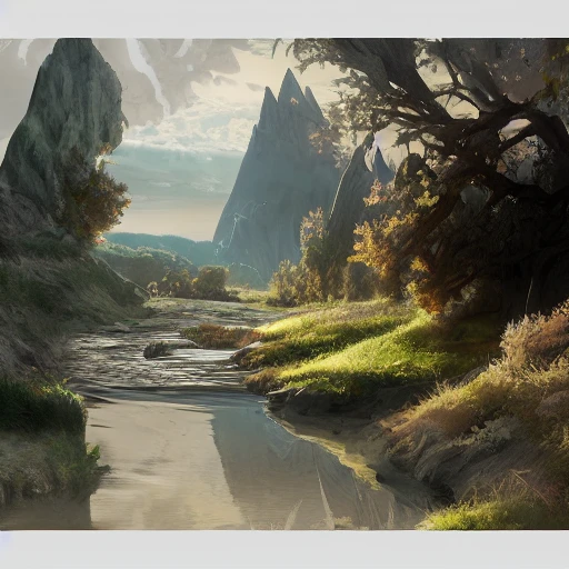 concept art painting of Khorasan landscape, river, paths, fortitude, persia, realistic, cel shaded, in the style of makoto shinkai and greg rutkowski and albert bierstadt and james gurney , 3D, Pencil Sketch