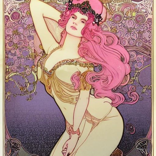Princess Bubble Gum, gorgeous sexy sultry girl with flowing swirling pink hair and a gold tiara, volumetric lighting, romantic, seductive, art nouveau lithograph by Mucha, extremely detailed, hd, 4k, square format 