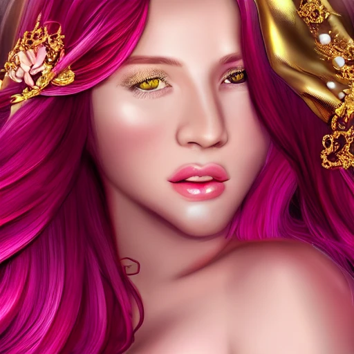 gorgeous sexy sultry girl with flowing swirling pink hair and a gold tiara, bare breasts, risqué, explicit, volumetric lighting, romantic, seductive, (photorealistic), photo, looking at viewer, making eye contact, flirting, flirtatious, extremely detailed, hd, 4k, square format 