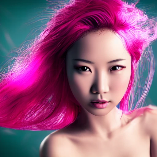 gorgeous sexy sultry Asian girl with flowing swirling pink hair, bare breasts, risqué, explicit, volumetric lighting, romantic, seductive, (photorealistic), photo, looking at viewer, making eye contact, flirting, flirtatious, extremely detailed, hd, 4k, square format 
