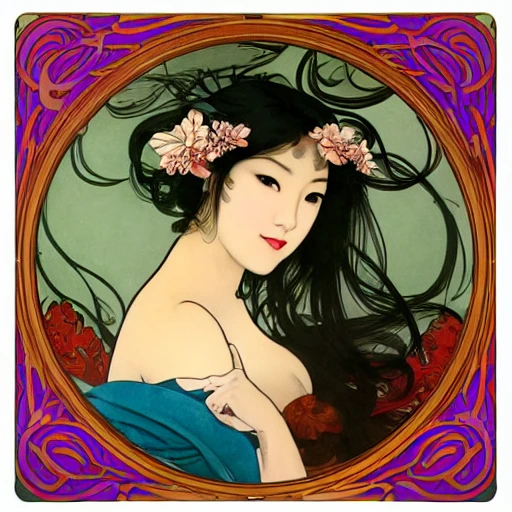 gorgeous sexy sultry Asian girl with flowing swirling hair, flowing cloth, kimono, risqué, explicit, volumetric lighting, romantic, seductive, (art nouveau), (by Alphonse Mucha), photo, looking at viewer, making eye contact, flirting, flirtatious, extremely detailed, hd, 4k, square format, art nouveau style, lithograph, cherry blossoms, dragonfly 