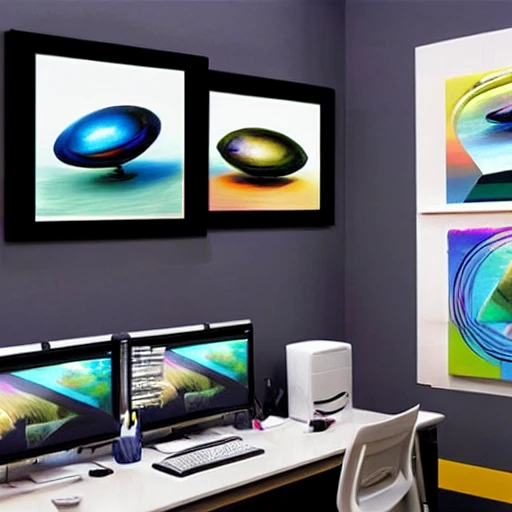 hyperrealistic art painting design office futuristic, computers design posters 