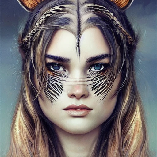 Tiger girl portrait, long hair in a braid, tiger ears, striped fur, pretty visuals, aesthetic, shadow effect, shimmer, glow, golden, glowing, insanely detailed and intricate, highly detailed, artstation by wlop, by artgerm, art by tom bagshaw, atey ghailan, andrew atroshenko, stanley artgerm.