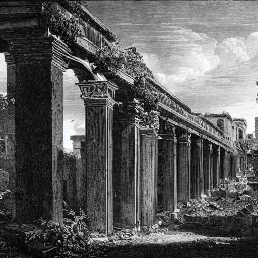 crumbling ancient city, abandoned city, overgrown with vines and plants, melancholy, extremely detailed, by Piranesi 