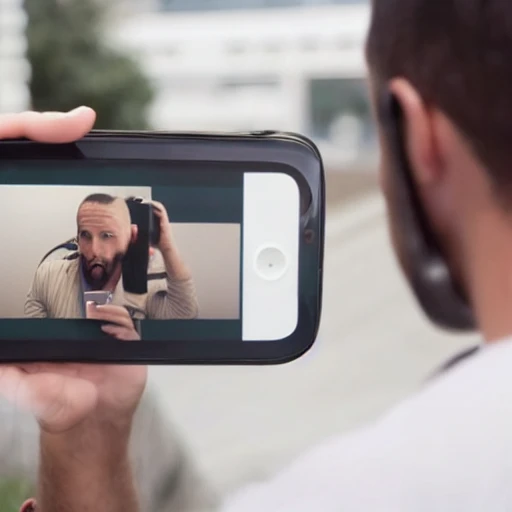 guy watching himself on a phone, realistic, apple commercial 
