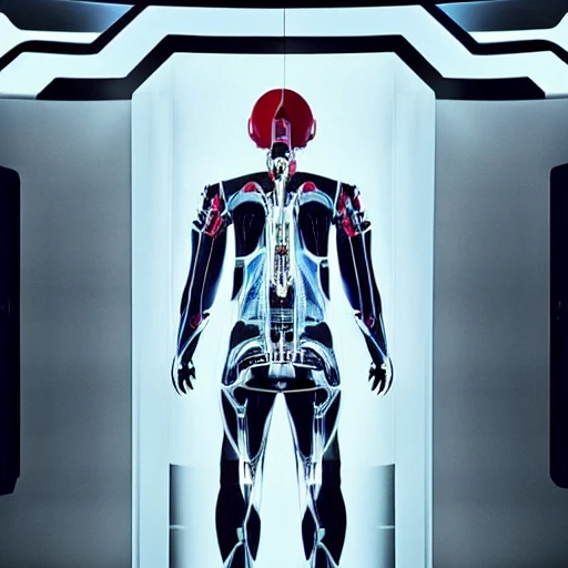 Elon Musk, new cyborg with cybertronic gadgets and vr helmet, indoor liminal space, clear and perfect anatomy. Full-body shot from the side, crystals, two-dimensional, with anxious, water splashes