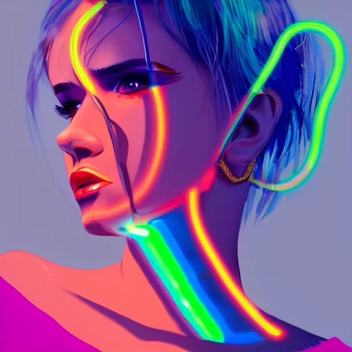 a award winning portrait of a beautiful woman with stunning eyes in a one off shoulder croptop and cargo pants with rainbow colored hair, outlined by whirling illuminated neon lines and fine lines swirling in circles by ilya kuvshinov, digital art, trending on artstation