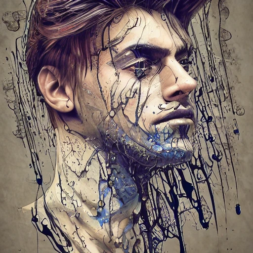 color digital line art, drippings, paper texture, beautiful men portrait character, wearing a intricate detailed outfit, gorgeous eyes, beautiful face, dynamic pose, elaborate, dramatic lighting, wlop, loish, artgerm, arcane style, Ink Dropped in water, frosted tips hair, grunge t-shirt, perfect shading, elaborate, epic composition, octane render, unreal engine, 8k, extremely detailed, ultra realistic HDR, tie, detailed portrait, cell shaded, concept art, pixiv. cinematic dramatic atmosphere, sharp focus, volumetric lighting, cinematic lighting, studio quality, model version: Diffusion Beecustom arcane diffusion v3, Negative Prompt, cgi, elegant ultra details bodies    , ultra details heads    , ultra doll, details nipples, ultra Details anatomy    , blurry, fuzzy, details arms    , details fingers    , details hands    , tiling, mutated, out of frame, cloned face, Pencil Sketch