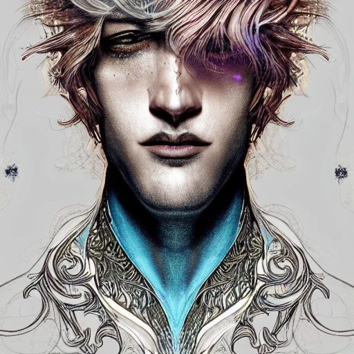 color digital line art, paper texture, beautiful men portrait character, wearing a intricate detailed outfit, gorgeous eyes, beautiful face, dynamic pose, elaborate, dramatic lighting, wlop, loish, artgerm, arcane style,  frosted tips hair, grunge t-shirt, perfect shading, elaborate, epic composition, octane render, unreal engine, 8k, extremely detailed, ultra realistic HDR, tie, detailed portrait, cell shaded, concept art, pixiv. cinematic dramatic atmosphere, sharp focus, volumetric lighting, cinematic lighting, studio quality, model version: Diffusion Beecustom arcane diffusion v3, Negative Prompt, cgi, elegant ultra details bodies    , ultra details heads    , ultra doll, details nipples, ultra Details anatomy    , blurry, fuzzy, details arms    , details fingers    , details hands    , tiling, mutated, out of frame, cloned face, Pencil Sketch