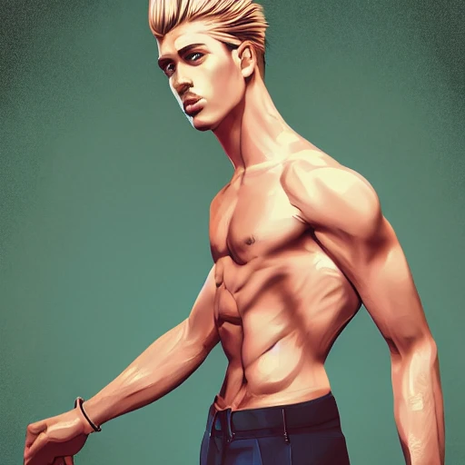 dutch angle, full scene shown, color digital line art, paper texture, beautiful men full body character, wearing nothing, gorgeous eyes, beautiful face, dynamic pose, elaborate, dramatic lighting, wlop, loish, artgerm, frosted tips hair, clean shaven, bel ami model, show entire body head to toe, hyper color , perfect shading, elaborate, epic composition, octane render, unreal engine, 8k, extremely detailed, ultra realistic HDR, detailed full body image, cell shaded, concept art, pixiv. cinematic dramatic atmosphere, sharp focus, volumetric lighting, cinematic lighting, studio quality,  Negative Prompt, cgi, , ultra doll, , blurry, fuzzy,   , tiling, mutated, out of frame, cloned face, Pencil Sketch