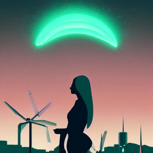 Futuristic landscape, flying buildings, green and red trees, leafs flying around, silhouette of girl wore futuristic clothes, high detailed, cyberpunk cars, night, Trippy