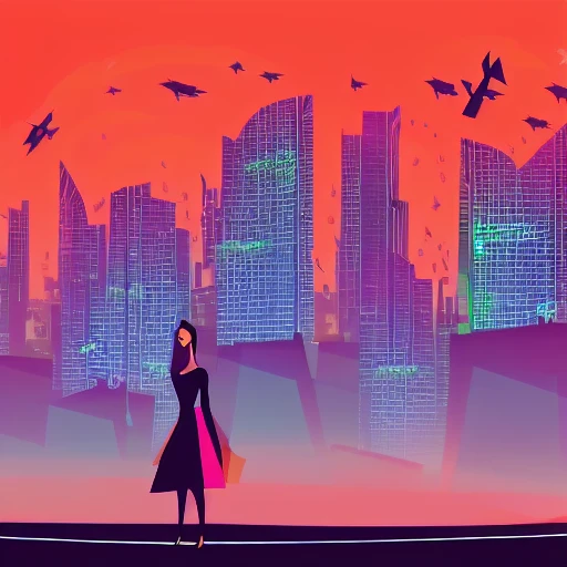 Futuristic landscape, flying buildings, green and red trees, leafs flying around, silhouette of girl wore futuristic clothes, high detailed, cyberpunk cars, night