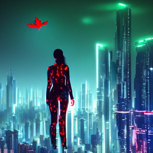 Futuristic landscape, flying buildings, green and red trees, leafs flying around, silhouette of girl wore futuristic clothes, high detailed, cyberpunk cars, night, Oil Painting