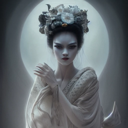 elden ring style, Beautiful smiling Geisha, perfect milky white skin, intricate, elegant, highly detailed, trending on artstation, by Tom Bagshaw and Seb McKinnon, ultra detailed, hyper-realistic, cinematic, dramatic lighting, volumetric lighting, 150mm, octane render, photorealistic, denoise, photograph with a Hasselblad H3DII