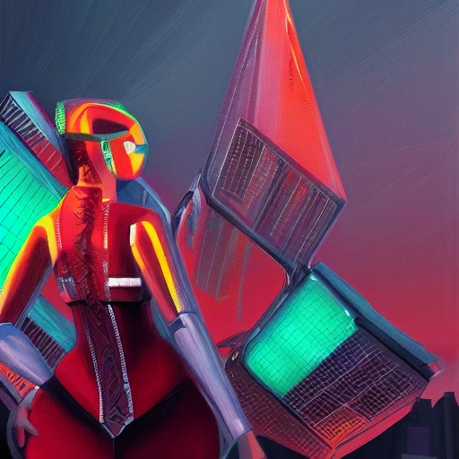 Futuristic landscape, flying buildings, green and red trees, leafs flying around, girl wore futuristic clothes, high detailed, cyberpunk cars, night, Oil Painting