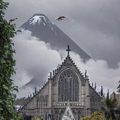 a cathedral with penguins on top of the spires, thunder in the sky with a volcano and dinosaurs