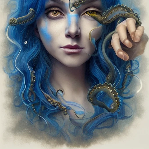 a long blue haired woman witch octopus hair, aesthetic, shadow effect, glow, golden, glowing, insanely detailed and intricate, highly detailed, artstation by wlop, by artgerm, art by tom bagshaw, atey ghailan, andrew atroshenko, stanley artgerm., Oil Painting, Cel Shading, 2D, Cinematic, Cold Color Palette, Evil