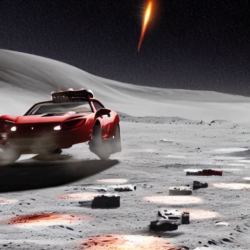 a t-rex driving a viontage ferrari on the surface of the moon with a meteorite hitting the earth in the background