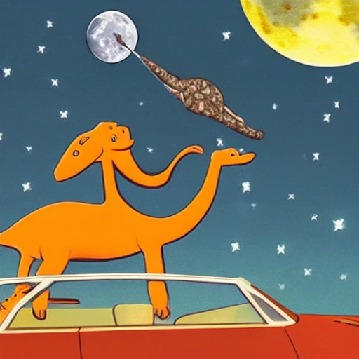 a brontosaurus driving a vintage ferrari convertible smoking a cigar and holding a margarita glass, on the surface of the moon, with a meteorite hitting the earth in the background