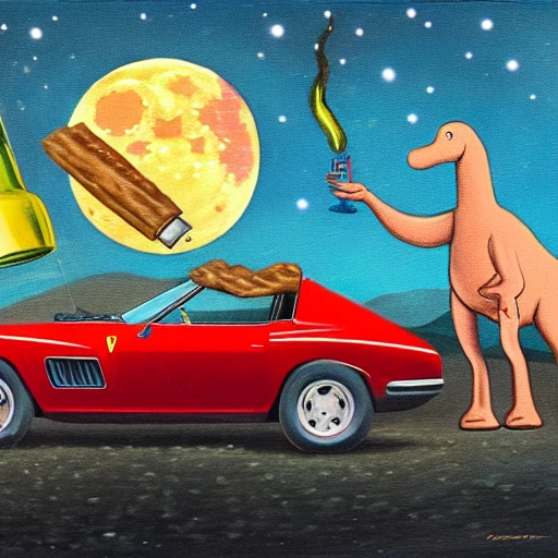 a brontosaurus driving a vintage ferrari convertible smoking a cigar and holding a margarita glass, on the surface of the moon, with a meteorite hitting the earth in the background, Oil Painting