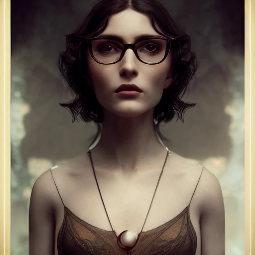 redshift style, a real perfect female body of beautiful brunette, glasses, perfect face, intricate, elegant, highly detailed, trending on artstation, by Tom Bagshaw and Seb McKinnon, 150mm portrait, photography, epic cinematic, octane render , denoise, photograph with a Hasselblad H3DII, extremely detailed