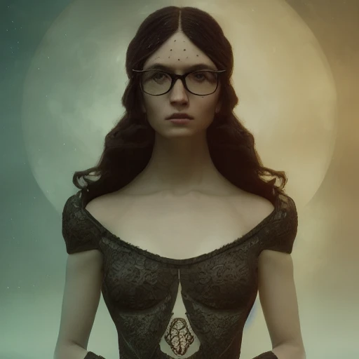 redshift style, a real perfect female body of beautiful brunette, glasses, perfect face, intricate, elegant, highly detailed, trending on artstation, by Tom Bagshaw and Seb McKinnon, 150mm portrait, photography, epic cinematic, octane render , denoise, photograph with a Hasselblad H3DII, extremely detailed, 3D