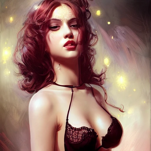 sexy, seductive girl in lingerie with big boobs, wearing high heels, pretty visuals, aesthetic, shadow effect, shimmer, glow, glowing, insanely detailed and intricate, artstation by wlop, by artgerm, art by tom bagshaw, atey ghailan, andrew atroshenko, stanley artgerm., highly detailed, Oil Painting, silhouette