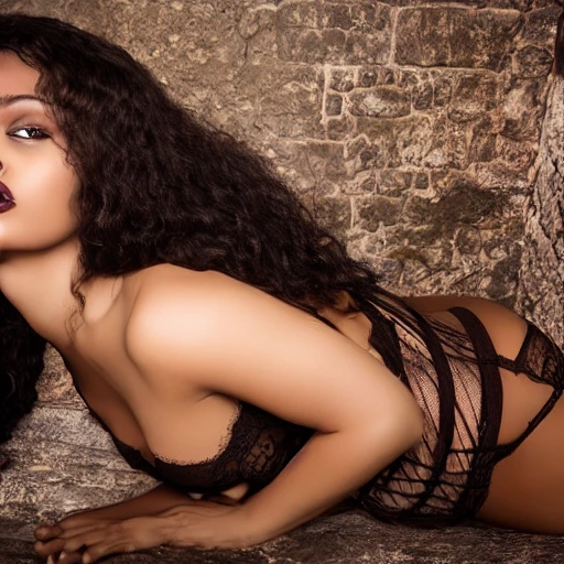 highly detailed beautiful sexy (young) black woman ass as ((medieval knight)) wearing lingerie, textured skin, brown hair, in the (castle), cinematic, foliage, Nikon Z9, sharp focus