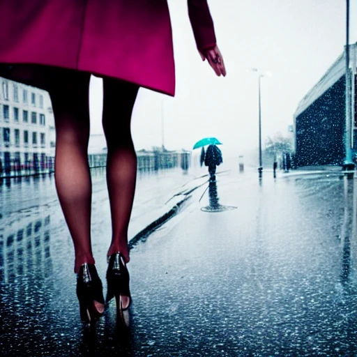 Naked woman in high heels standing in the rain on the street with a big city in the background blurred