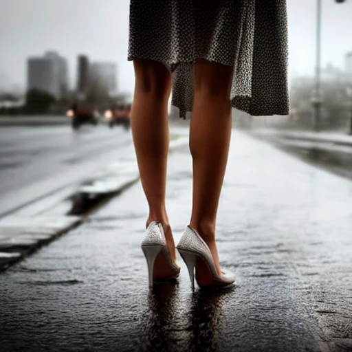 Naked, seductive woman in high heels standing in the rain on the street with a big city in the background blurred