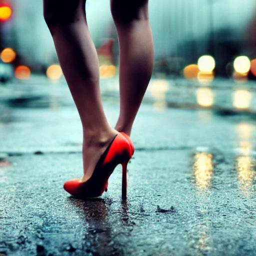 Seductive sexy woman ((close up)) in high heels and lingerie standing in the rain on the street with a big city in the background blurred