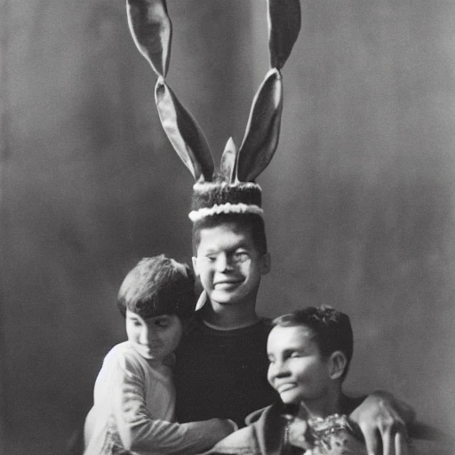 A boy with a headdress in the form of rabbit ears stands in front of a couple in love