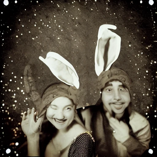 A boy with a headdress in the form of rabbit ears stands in front of a couple in love, Trippy