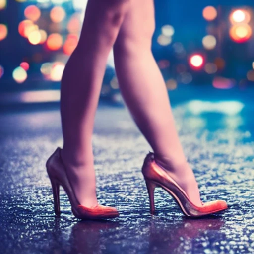 Seductive sexy woman ((close up)) in high heels and underwear string standing in the rain on the street with a big city in the background blurred