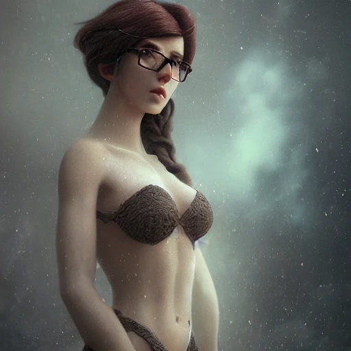 redshift style, a real perfect female body of beautiful brunette, glasses, perfect face, intricate, elegant, highly detailed, trending on artstation, by Tom Bagshaw and Seb McKinnon, 150mm portrait, photography, epic cinematic, octane render , denoise, photograph with a Hasselblad H3DII, extremely detailed