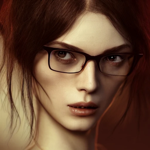 redshift style, a real perfect naked  female body of beautiful brunette, glasses, perfect face, intricate, elegant, highly detailed, trending on artstation, by Tom Bagshaw and Seb McKinnon, 150mm portrait, photography, epic cinematic, octane render , denoise, photograph with a Hasselblad H3DII, extremely detailed