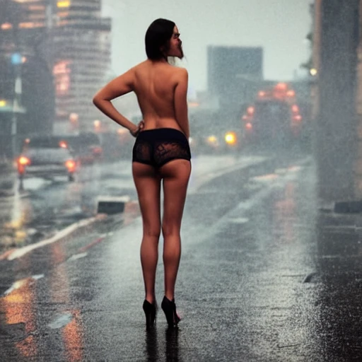 Seductive sexy woman in high heels, only underwear, big boobs standing in the rain on the street with a big city in the background blurred