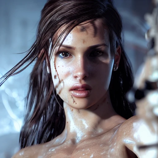 sexy tomb raider, perfect milky white skin, intricate, elegant, ultra detailed, hyper-realistic, cinematic, dramatic lighting, volumetric lighting, 150mm, octane render, photorealistic, denoise, photograph with a Hasselblad H3DII