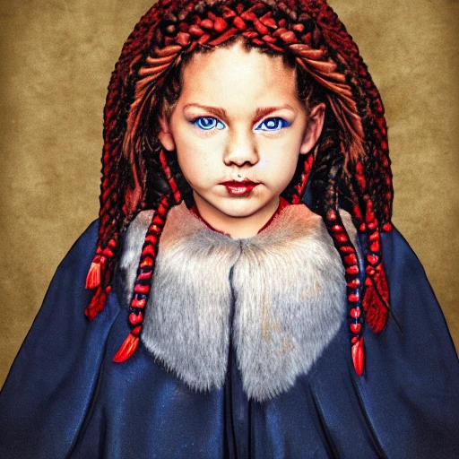 girl portrait, red braided hair, blue eyes, black skin, fur cape, castle on the background